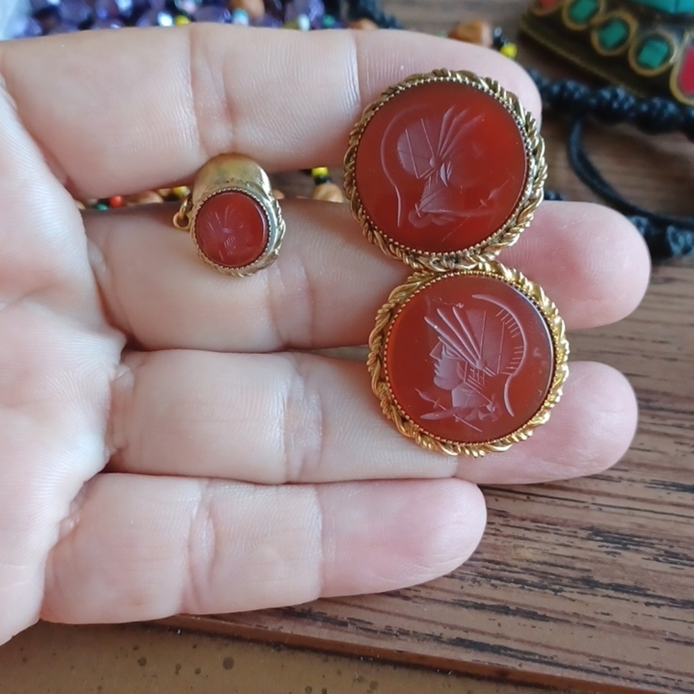 Vintage PRK Carved Carnelian Spartan Tie tac and Cufflinks, 12K gold filled